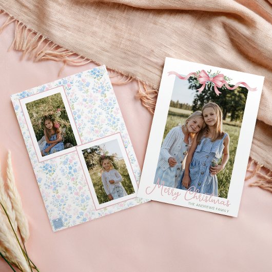 Preppy Grandmillennial Christmas Bow Swag Foto Feestdagenkaart