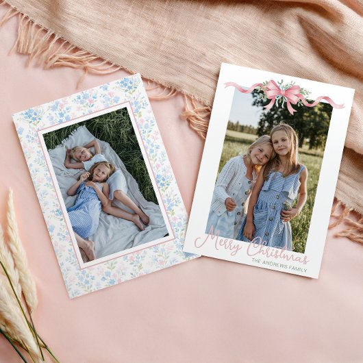 Preppy Grandmillennial Christmas Bow Swag Foto Feestdagenkaart