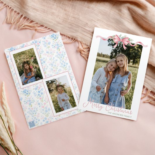 Preppy Grandmillennial Christmas Bow Swag Foto Feestdagenkaart