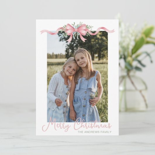 Preppy Grandmillennial Christmas Bow Swag Foto Feestdagenkaart (Staand voorkant)