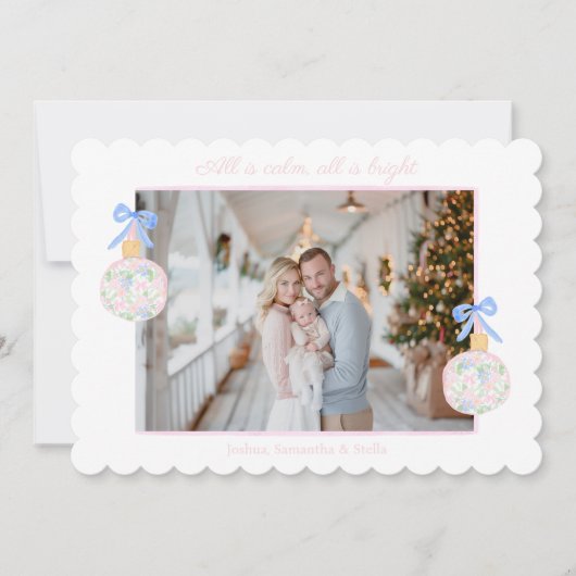 Preppy Grandmillennial Christmas Bulbs & Bows Feestdagenkaart (Voorkant)