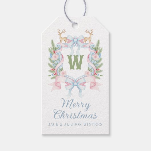 Preppy Grandmillennial Christmas Monogram Crest Cadeaulabel (Voorkant)