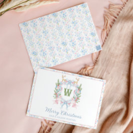 Preppy Grandmillennial Christmas Monogram Crest Feestdagenkaart