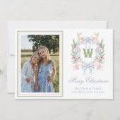 Preppy Grandmillennial Christmas Monogram Crest Feestdagenkaart (Voorkant)
