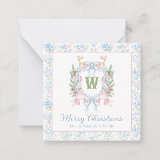 Preppy Grandmillennial Christmas Monogram Crest Notitiekaartje (Voorkant)