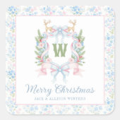 Preppy Grandmillennial Christmas Monogram Crest Vierkante Sticker (Voorkant)