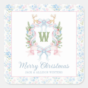 Preppy Grandmillennial Christmas Monogram Crest Vierkante Sticker