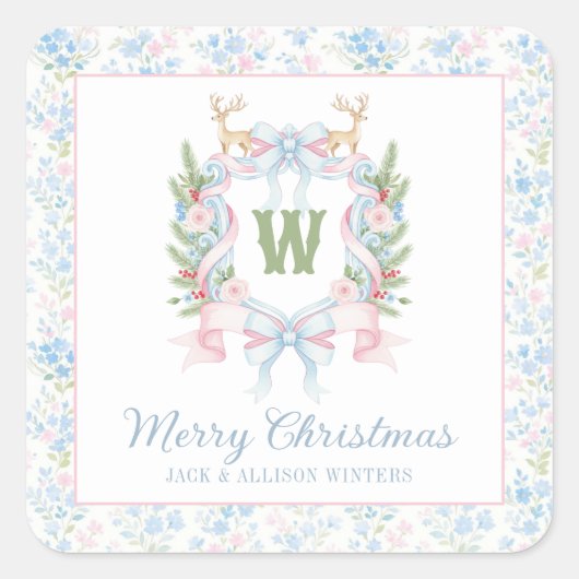 Preppy Grandmillennial Christmas Monogram Crest Vierkante Sticker (Voorkant)
