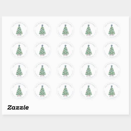Preppy Grandmillennial Christmas Tree-adres Ronde Sticker (Vel)