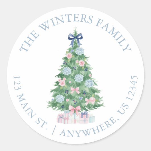 Preppy Grandmillennial Christmas Tree-adres Ronde Sticker (Voorkant)