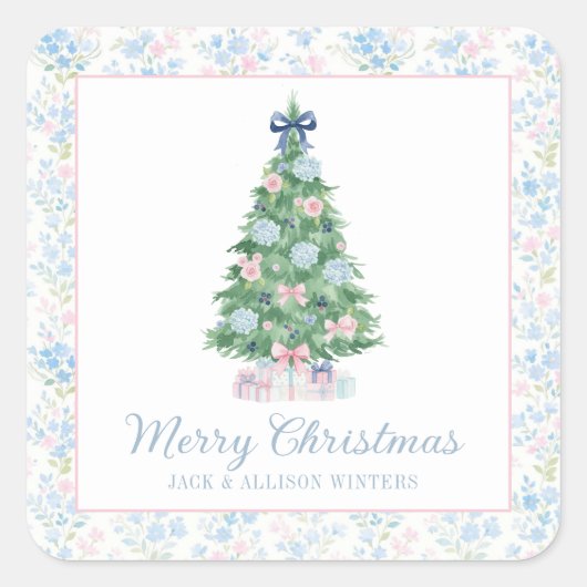Preppy Grandmillennial Kerstboom Vierkante Sticker (Voorkant)