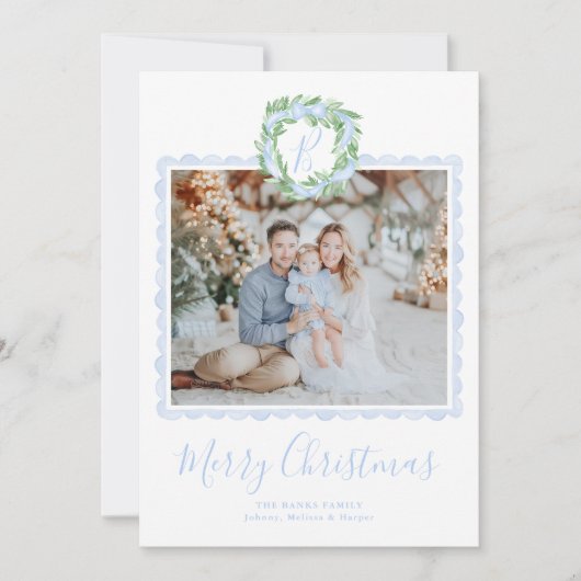 Preppy Grandmillennial Krans Monogram Feestdagenkaart (Voorkant)