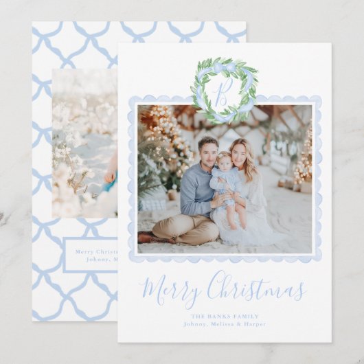 Preppy Grandmillennial Krans Monogram Feestdagenkaart (Voorkant / Achterkant)