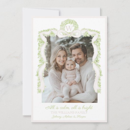 Preppy Grandmillennial Pink Bows Ribbon Garland Feestdagenkaart (Voorkant)