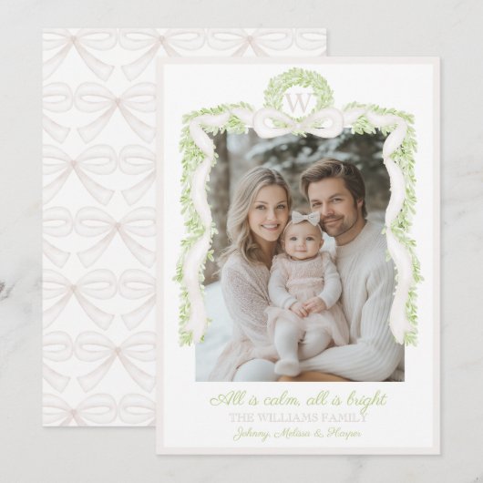 Preppy Grandmillennial Pink Bows Ribbon Garland Feestdagenkaart (Voorkant / Achterkant)