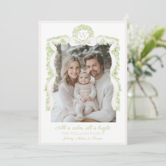 Preppy Grandmillennial Pink Bows Ribbon Garland Feestdagenkaart (Staand voorkant)