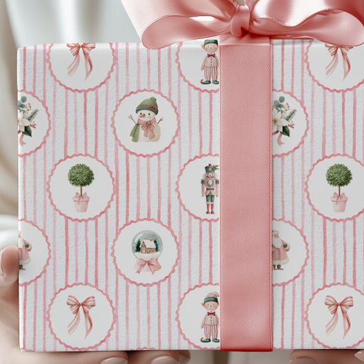 Preppy Grandmillennial Roze Notenkraker Kerstmis Cadeaupapier