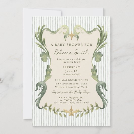 Preppy Grandmillennial Sage Green Baby Shower Kaart (Voorkant)