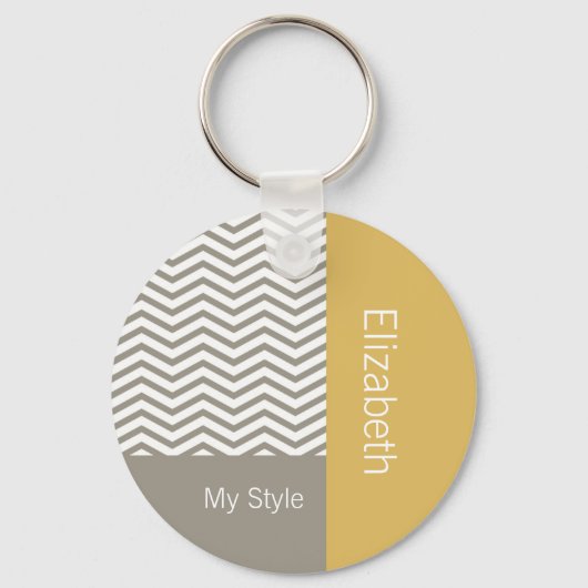 Preppy Gray Chevron Yellow Geometric met naam Sleutelhanger (Voorkant)