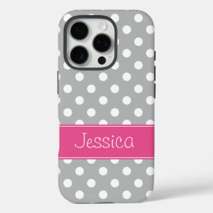 Preppy Gray en White Polka Dots gepersonaliseerd iPhone 16 Pro Hoesje