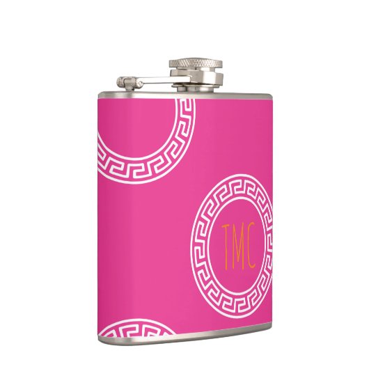 Preppy Greek Key Circles Sorority Initialen Roze Heupfles (Rechts)