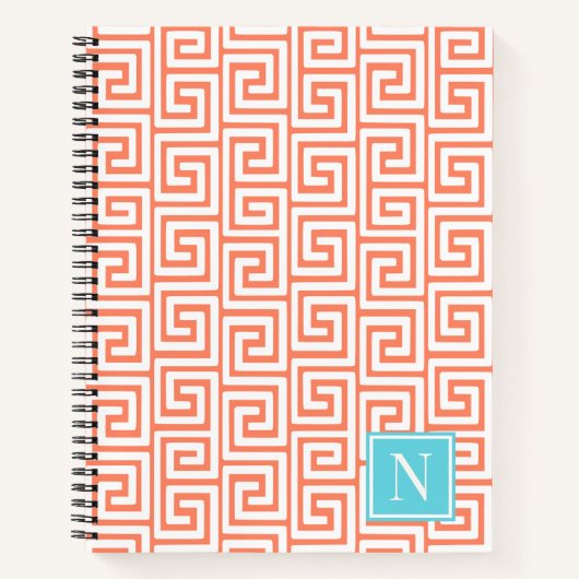Preppy Greek Key Monogram – Coral & Turquoise Notitieboek (Voorkant)
