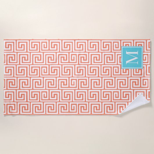 Preppy Greek Key Monogram – Coral & Turquoise Strandlaken (Voorkant)