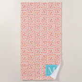 Preppy Greek Key Monogram – Coral & Turquoise Strandlaken (Voorkant)