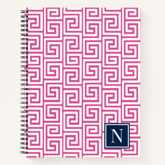 Preppy Greek Key Monogram – Hot Pink & Navy Notitieboek (Voorkant)