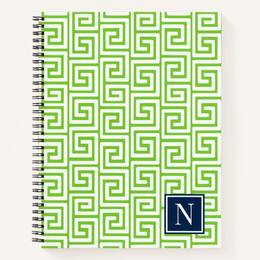 Preppy Greek Key Monogram – Lime Green & Navy Notitieboek (Voorkant)