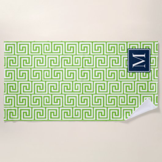 Preppy Greek Key Monogram – Lime Green & Navy Strandlaken (Voorkant)