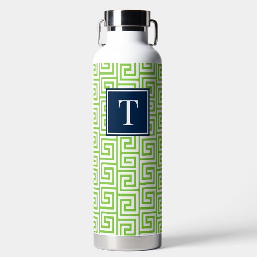 Preppy Greek Key Monogram - Lime Green & Navy Waterfles (Voorkant)
