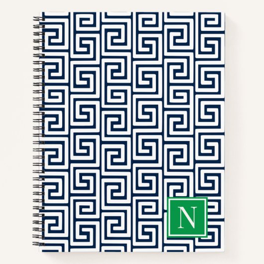 Preppy Greek Key Monogram – Navy & Green Notitieboek (Voorkant)
