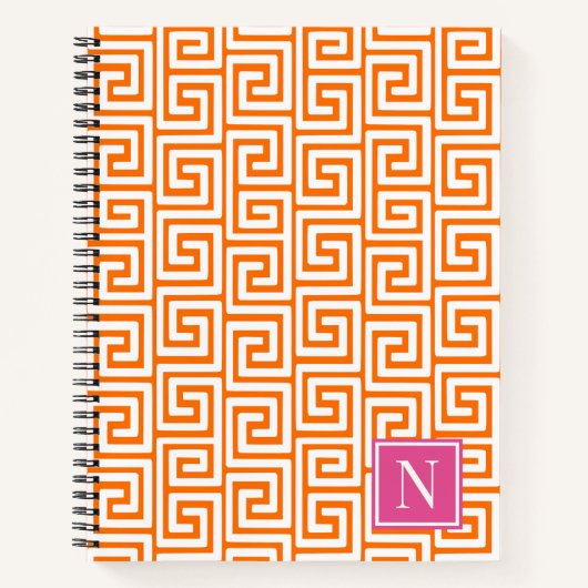 Preppy Greek Key Monogram – Orange & Hot Pink Notitieboek (Voorkant)