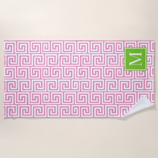 Preppy Greek Key Monogram – Pink & Lime Green Strandlaken (Voorkant)