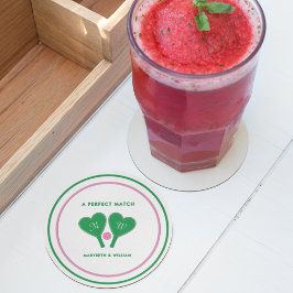 Preppy Green en Pink Wedding Pickleball Ronde Kartonnen Onderzetter