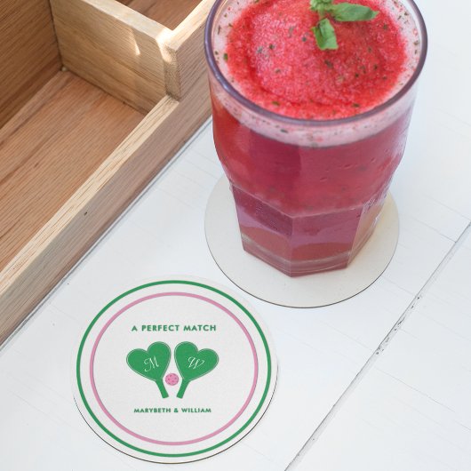 Preppy Green en Pink Wedding Pickleball Ronde Kartonnen Onderzetter