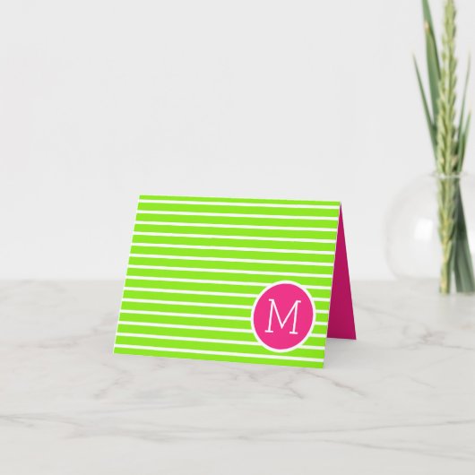 Preppy Green en White Stripes met roze monogram Notitiekaartje (Voorkant)