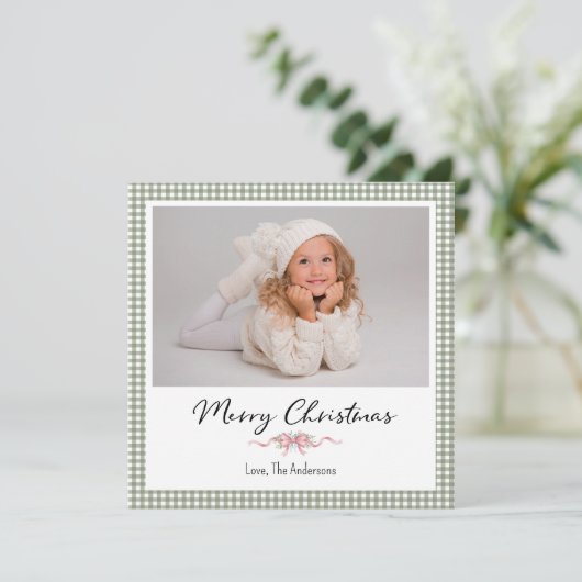 Preppy Green Gingham Christmas Photo Card Feestdagenkaart (Staand voorkant)