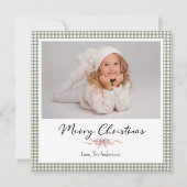 Preppy Green Gingham Christmas Photo Card Feestdagenkaart (Voorkant)
