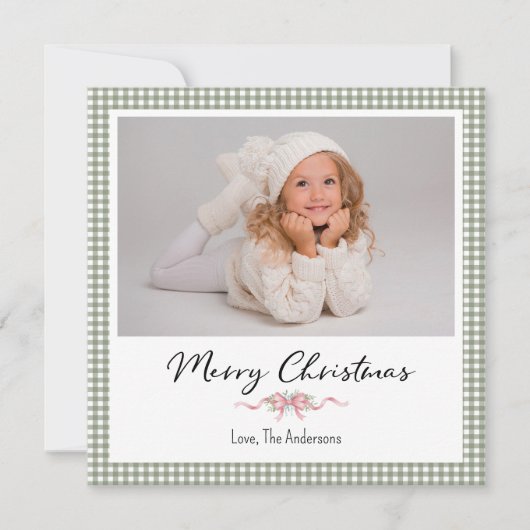 Preppy Green Gingham Christmas Photo Card Feestdagenkaart (Voorkant)