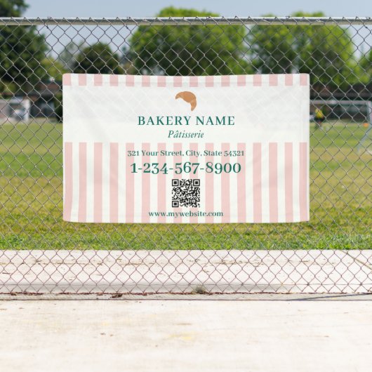 Preppy Green & Pink Stripes Bakery Logo QR Code Spandoek (Insitu)