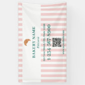 Preppy Green & Pink Stripes Bakery Logo QR Code Spandoek (Verticaal)