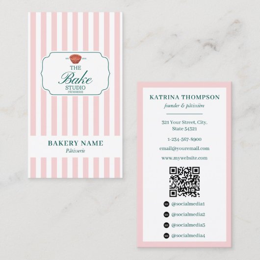Preppy Green & Pink Stripes Bakery Logo QR Code Visitekaartje (Voorkant / Achterkant)