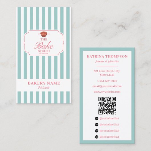 Preppy Green & Pink Stripes Bakery Logo QR Code Visitekaartje (Voorkant / Achterkant)