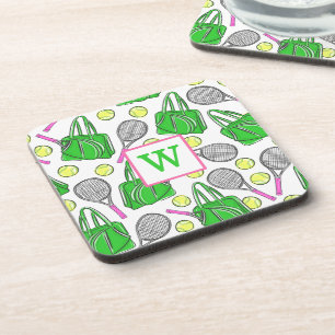 Preppy Green Pink Tennis Racquet Bag Balls Initiaa Bier Onderzetter