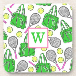 Preppy Green Pink Tennis Racquet Bag Balls Initiaa Bier Onderzetter