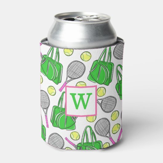 Preppy Green Pink Tennis Racquet Bag Balls Initiaa Blikjeskoeler (Blikje Voorkant)