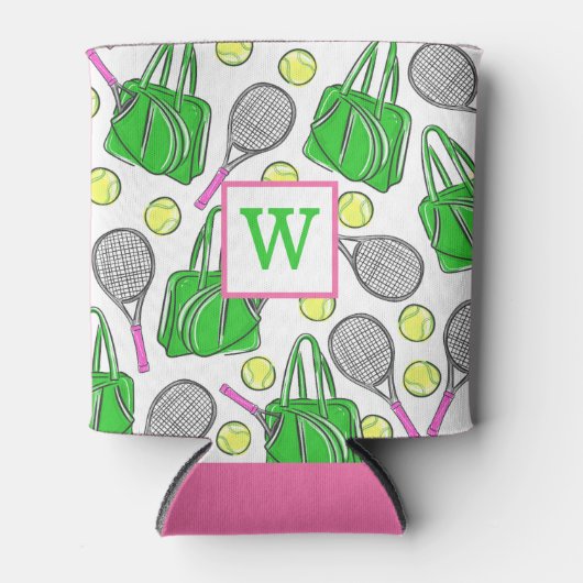 Preppy Green Pink Tennis Racquet Bag Balls Initiaa Blikjeskoeler (Voorkant)