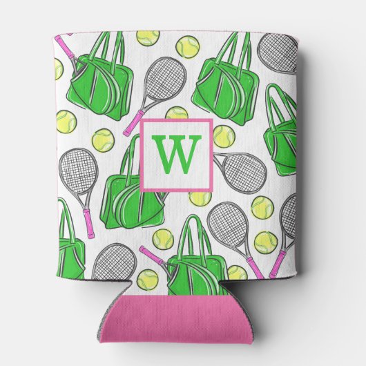 Preppy Green Pink Tennis Racquet Bag Balls Initiaa Blikjeskoeler (Achterkant)